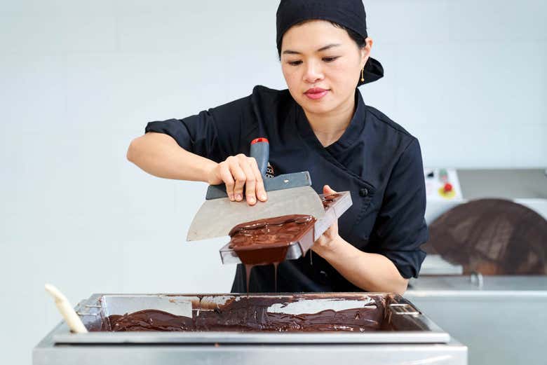 Watching a chocolate demonstration at Choco Story
